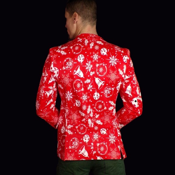Suslo Couture Mens Red & White Holiday Christmas Snowflake Blazer Size 38 - Picture 4 of 8